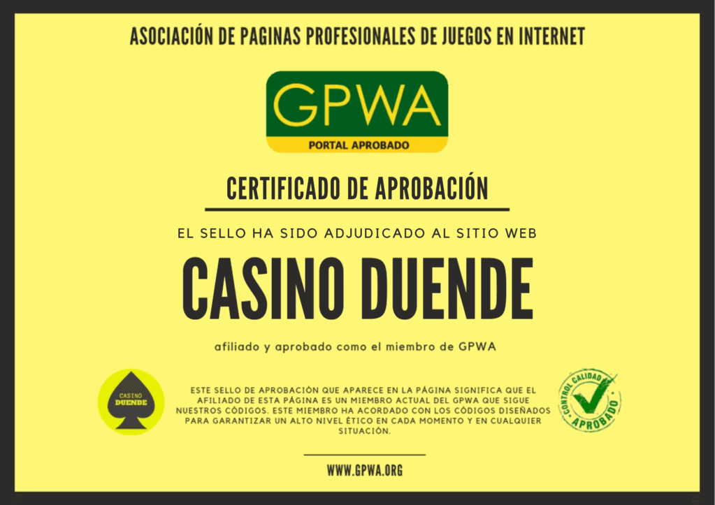 certificado aprobación de gpwa de casino duende